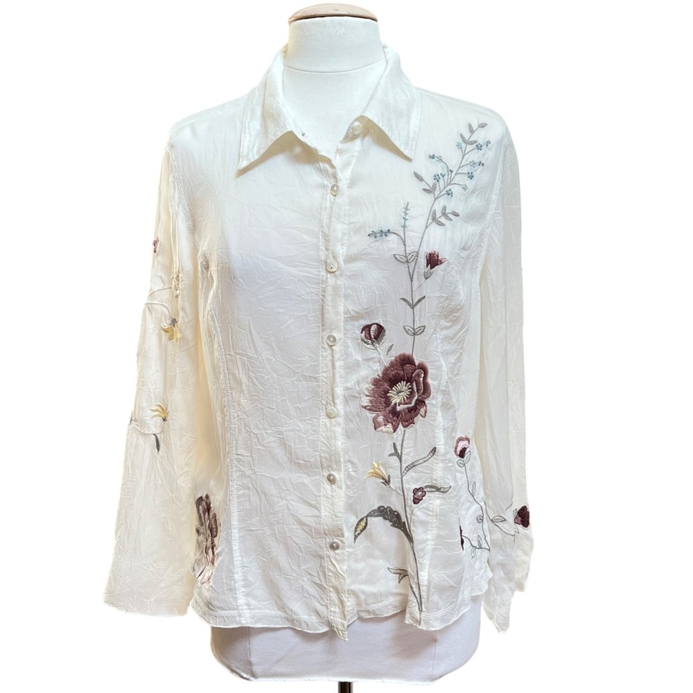 J Jill‎ Embroidered Floral Button Blouse Long Sleeve Semi Sheer Lg Petite LP Cot
